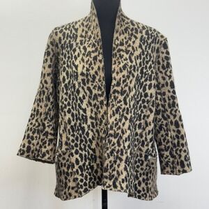 Katie Todd Leopard‎ Print Wool Knit Cardigan Zipper Pockets Women's Large